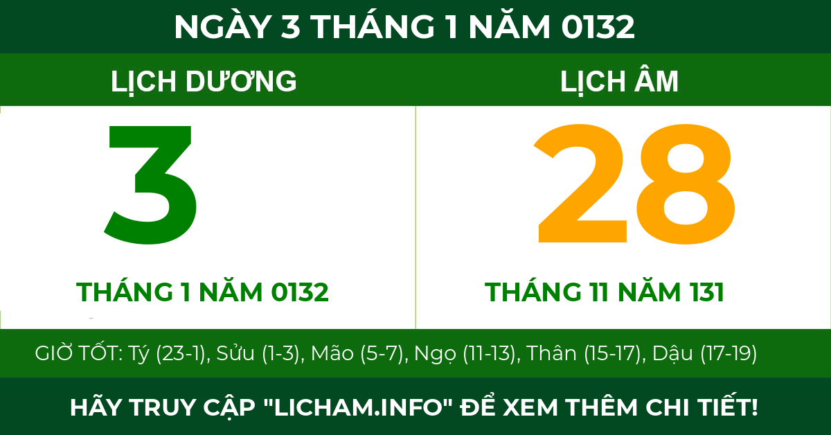 lịch âm ngày 3 tháng 1 năm 0132