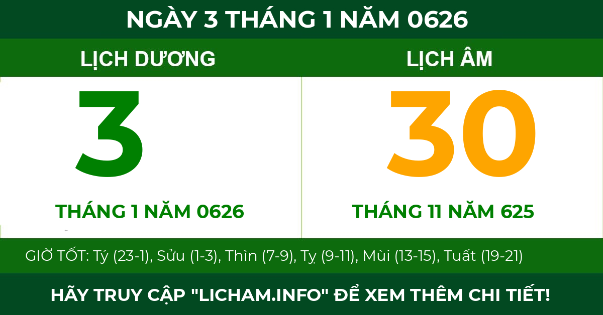 lịch âm ngày 3 tháng 1 năm 0626