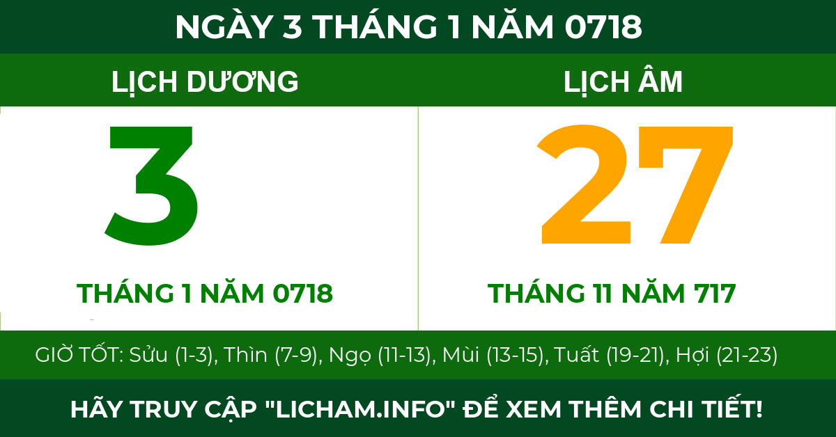 lịch âm ngày 3 tháng 1 năm 0718