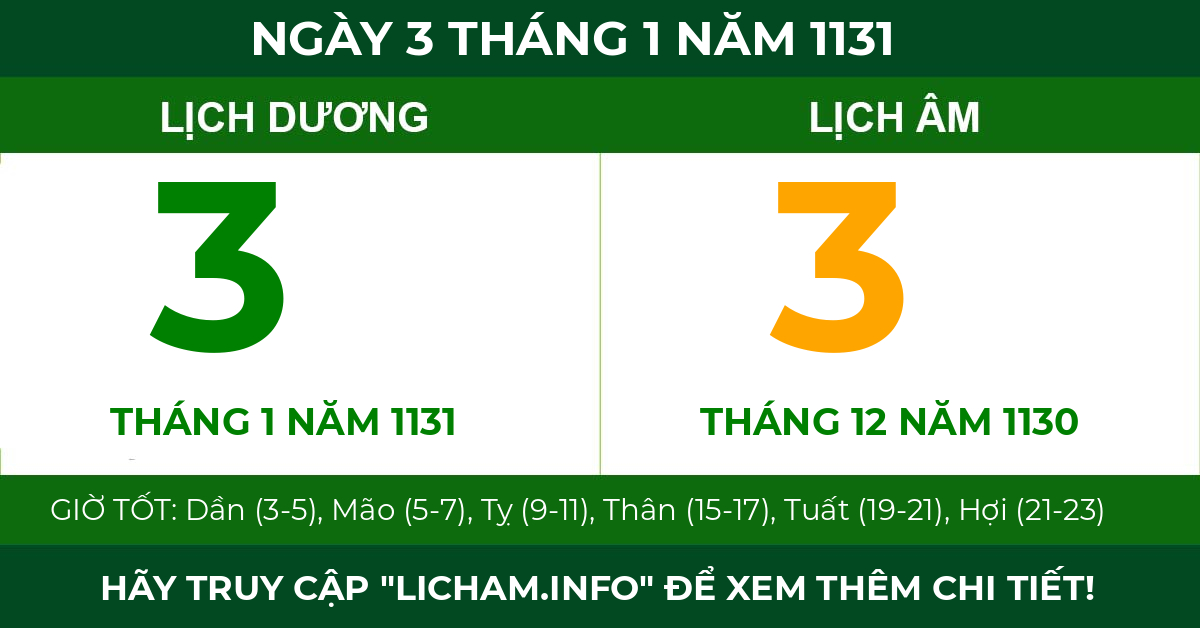lịch âm ngày 3 tháng 1 năm 1131