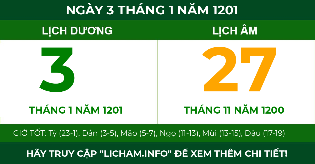lịch âm ngày 3 tháng 1 năm 1201