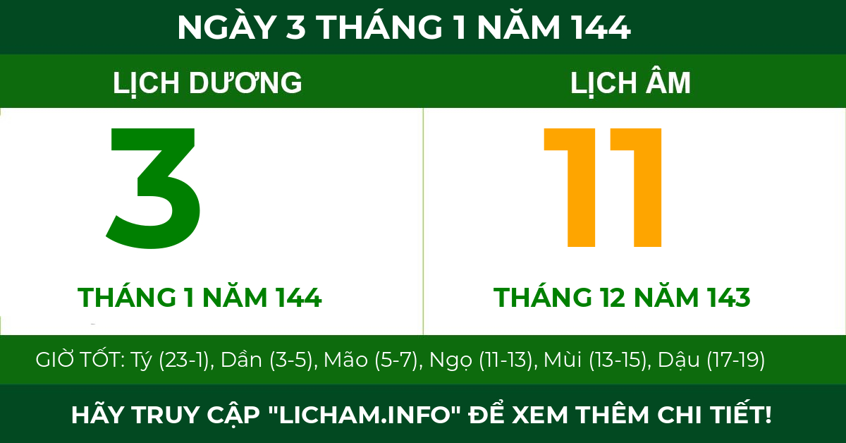 lịch âm ngày 3 tháng 1 năm 144