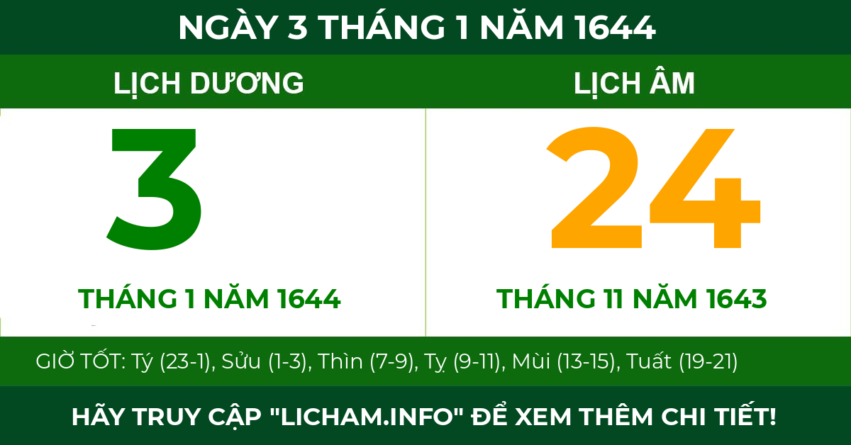 lịch âm ngày 3 tháng 1 năm 1644