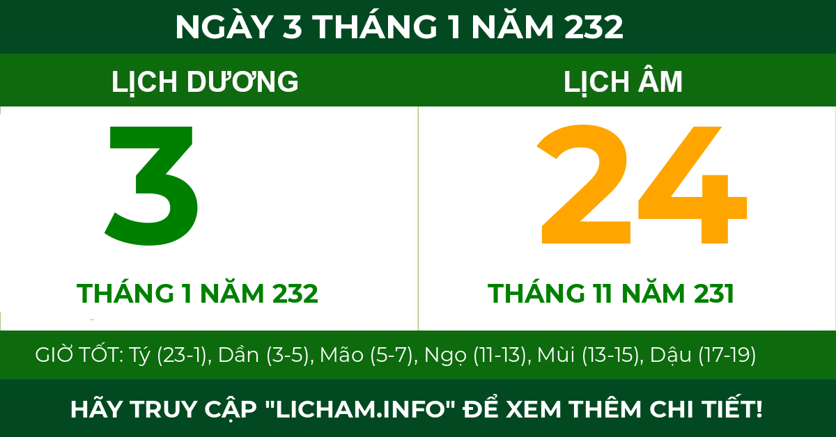 lịch âm ngày 3 tháng 1 năm 232