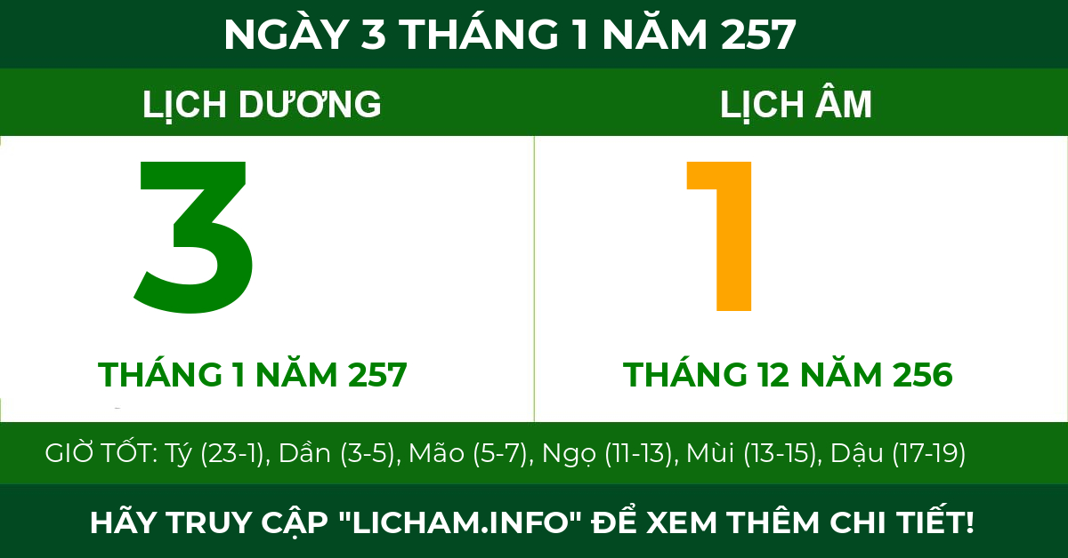 lịch âm ngày 3 tháng 1 năm 257