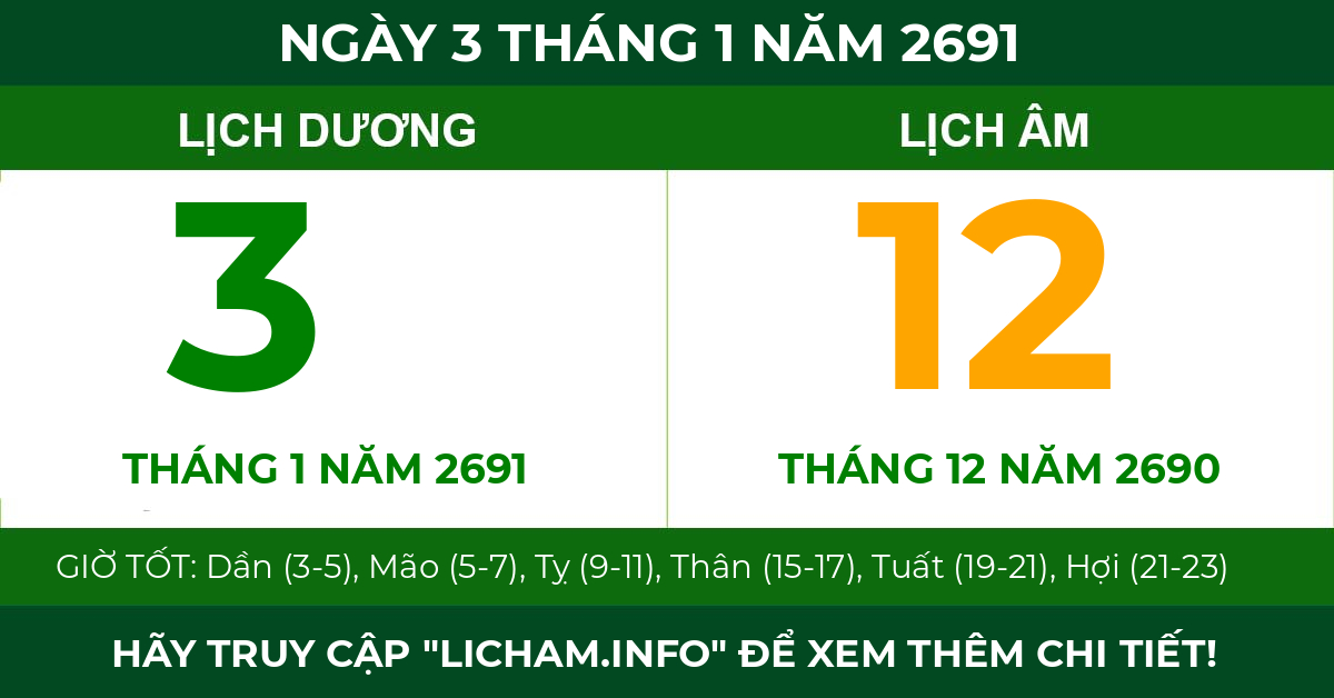 lịch âm ngày 3 tháng 1 năm 2691
