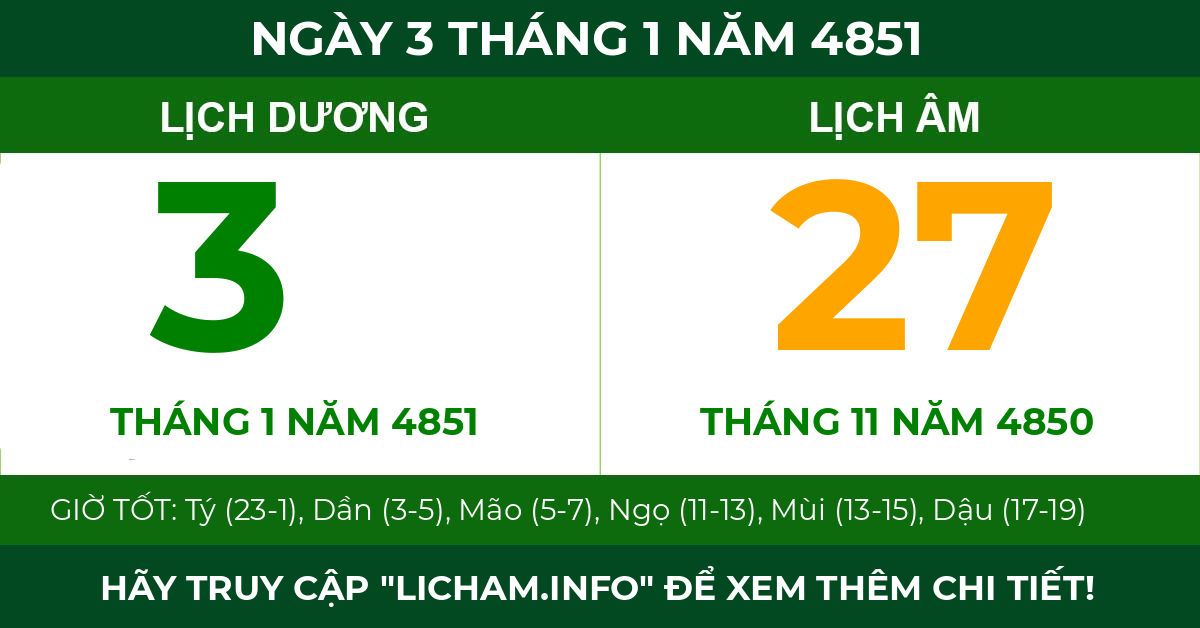 lịch âm ngày 3 tháng 1 năm 4851