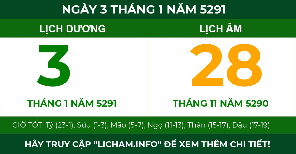 lịch âm ngày 3 tháng 1 năm 5291