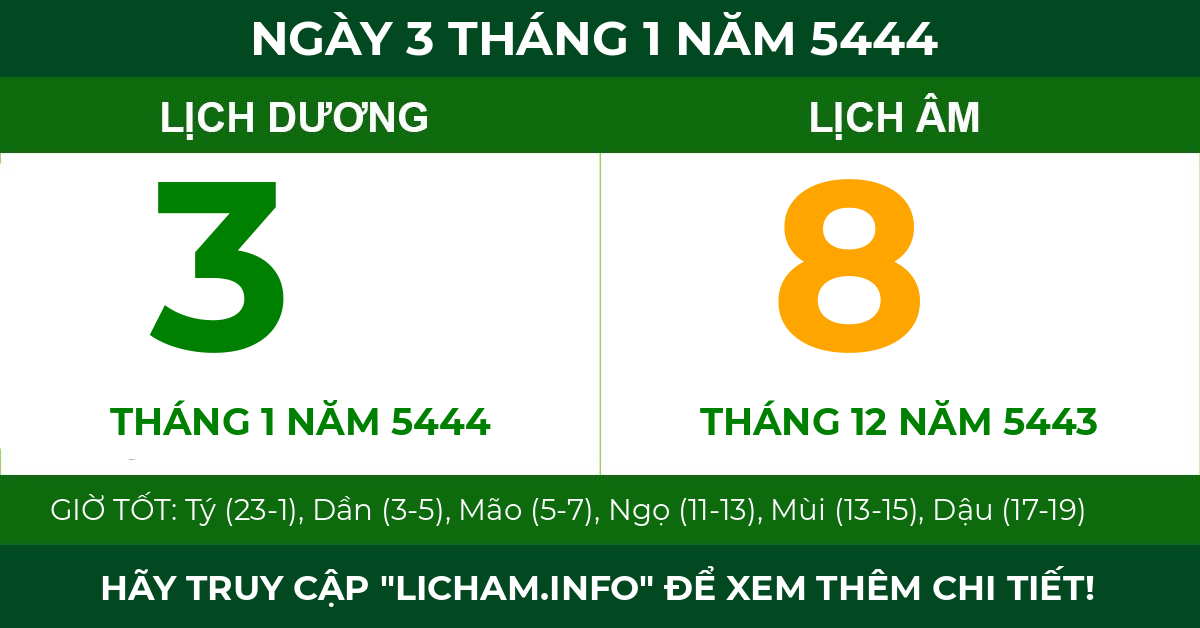 lịch âm ngày 3 tháng 1 năm 5444