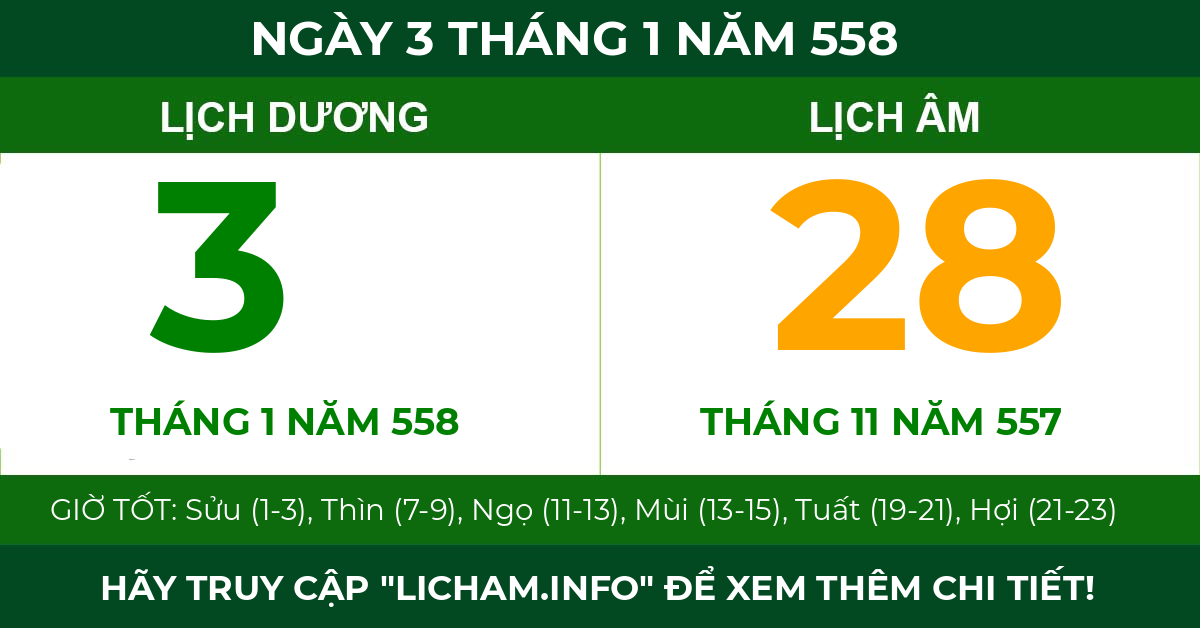 lịch âm ngày 3 tháng 1 năm 558