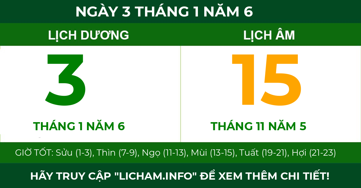lịch âm ngày 3 tháng 1 năm 6