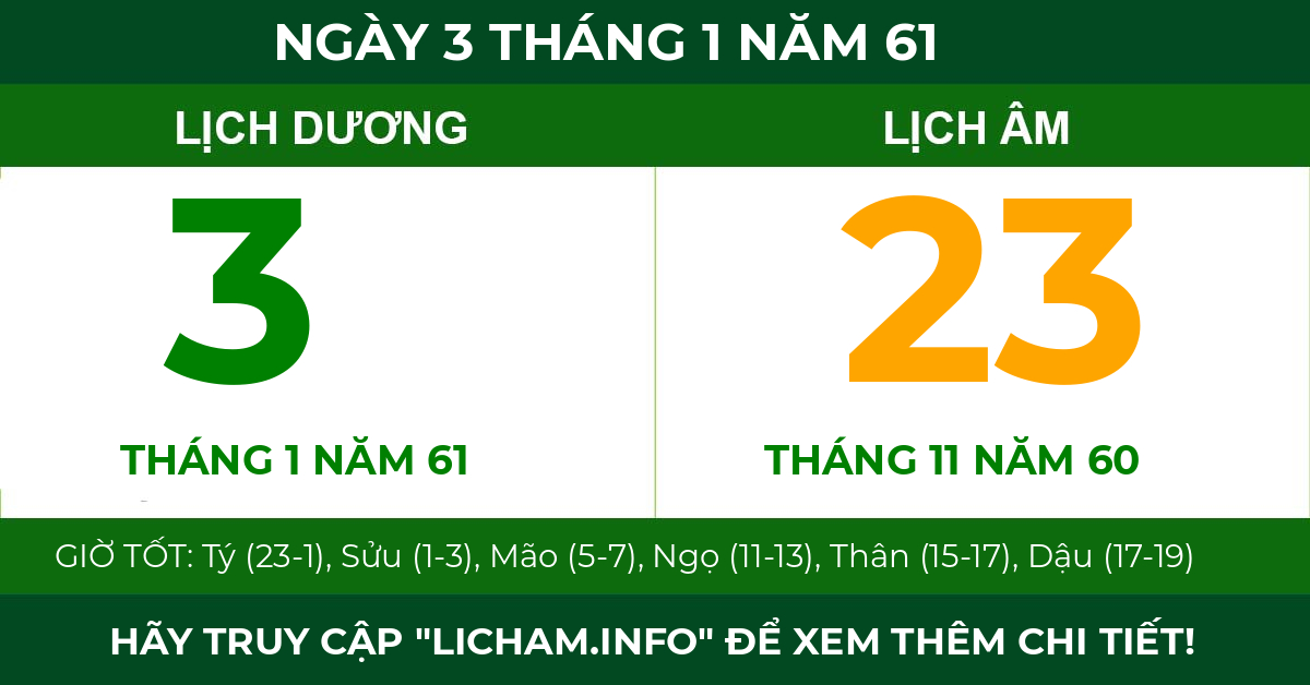 lịch âm ngày 3 tháng 1 năm 61