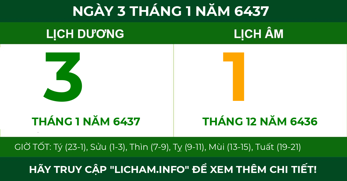 lịch âm ngày 3 tháng 1 năm 6437