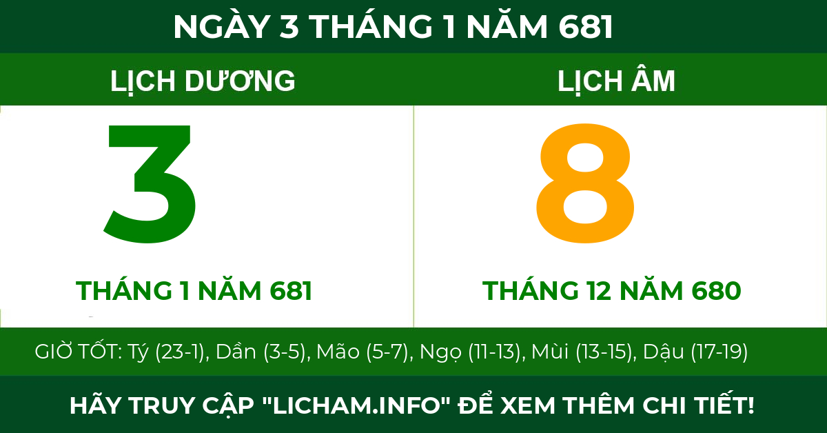 lịch âm ngày 3 tháng 1 năm 681