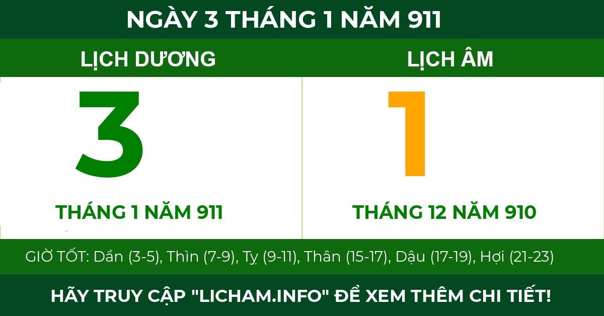 lịch âm ngày 3 tháng 1 năm 911