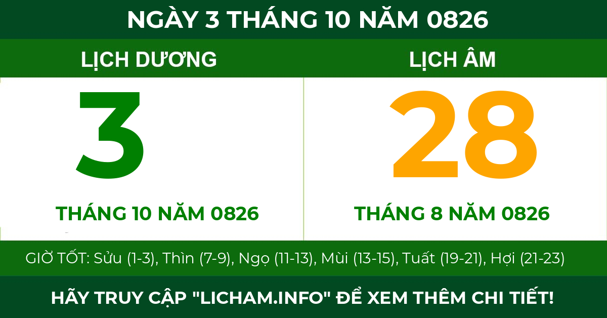 lịch âm ngày 3 tháng 10 năm 0826