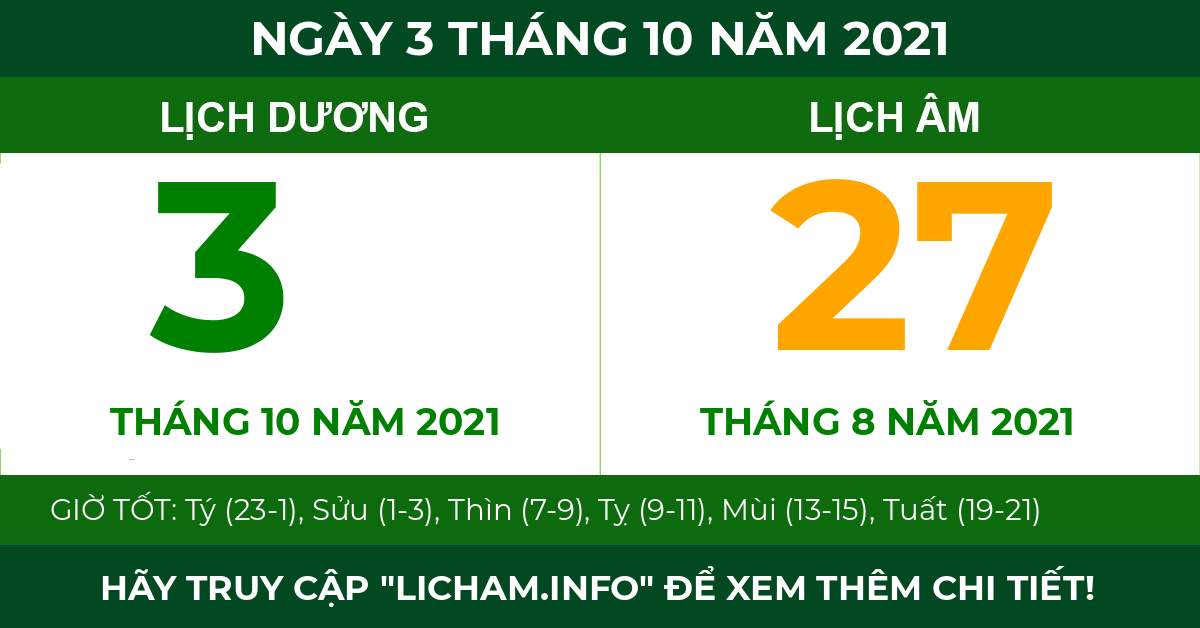 lịch âm ngày 3 tháng 10 năm 2021