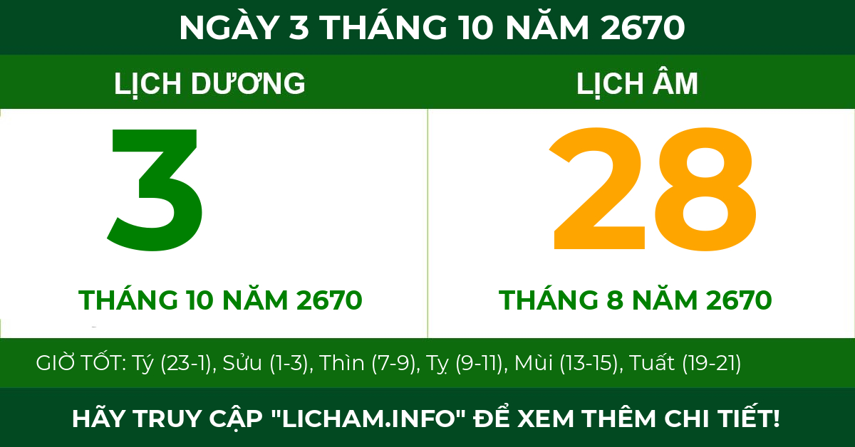 lịch âm ngày 3 tháng 10 năm 2670