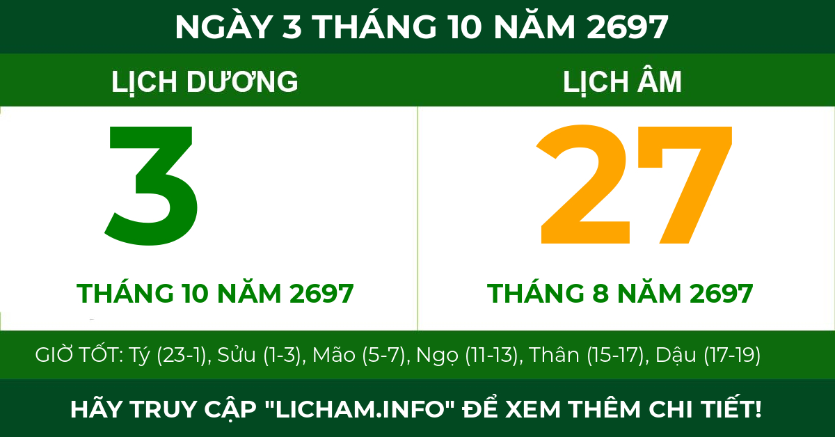 lịch âm ngày 3 tháng 10 năm 2697