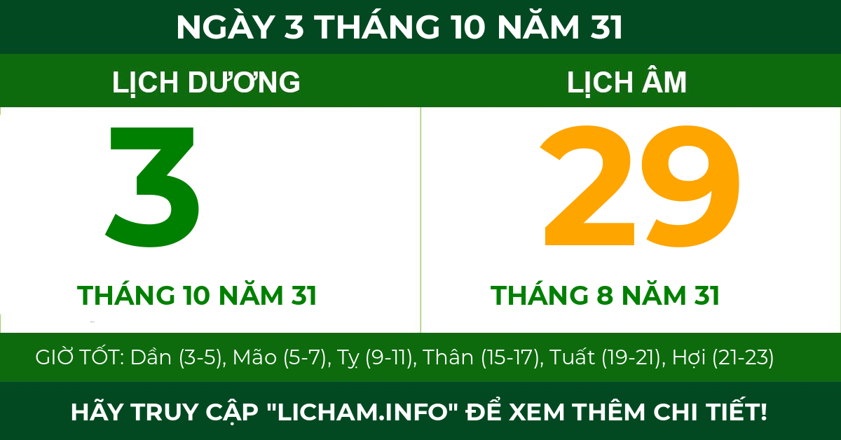 lịch âm ngày 3 tháng 10 năm 31