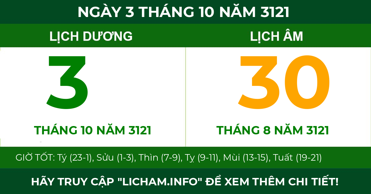 lịch âm ngày 3 tháng 10 năm 3121