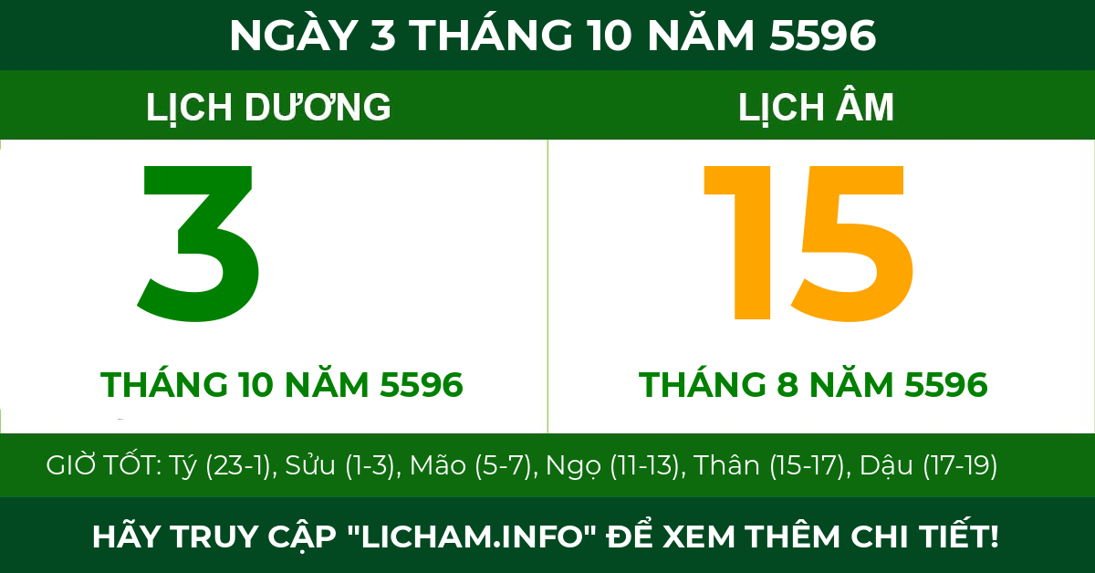 lịch âm ngày 3 tháng 10 năm 5596