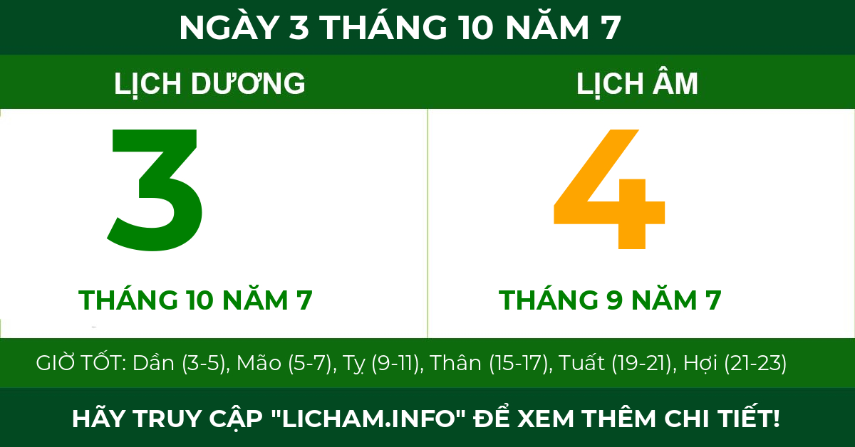 lịch âm ngày 3 tháng 10 năm 7