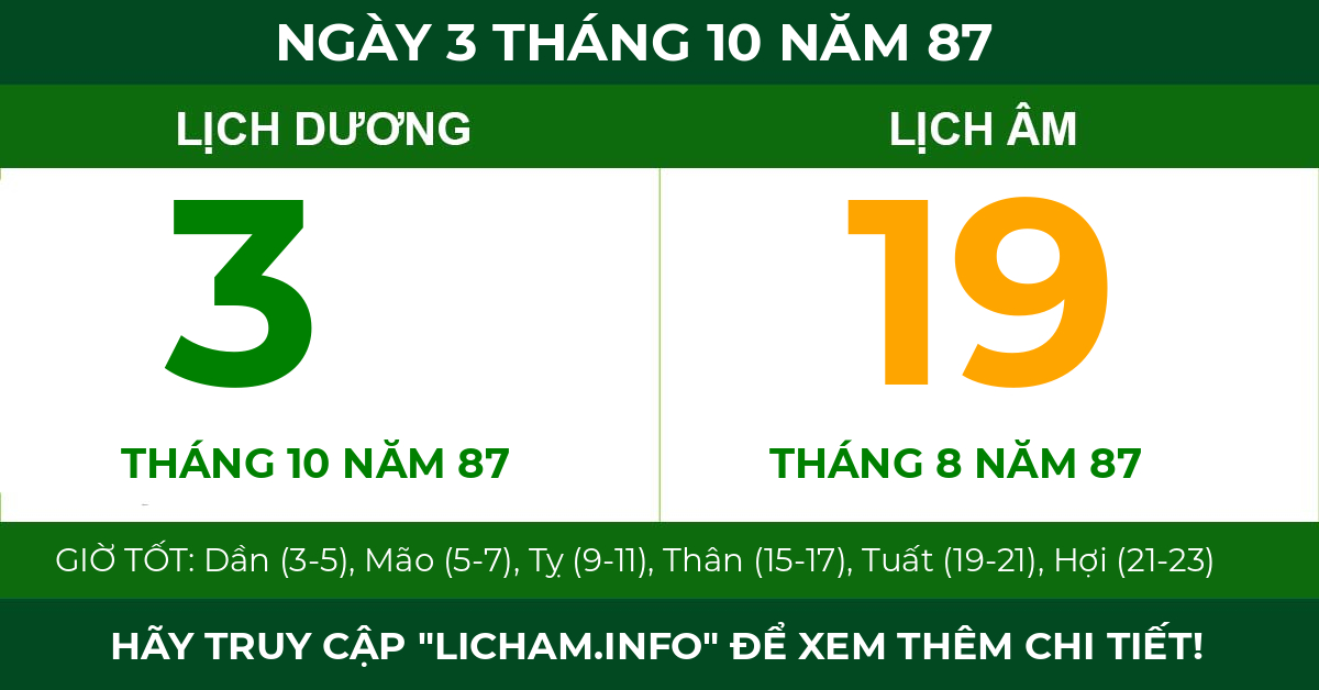 lịch âm ngày 3 tháng 10 năm 87