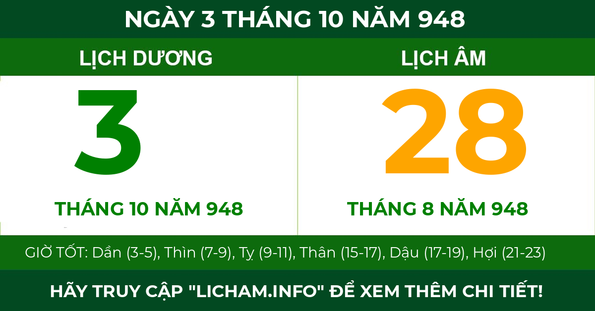 lịch âm ngày 3 tháng 10 năm 948