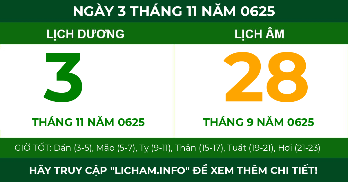 lịch âm ngày 3 tháng 11 năm 0625