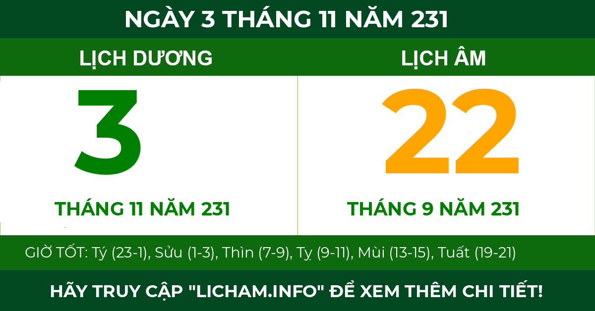 lịch âm ngày 3 tháng 11 năm 231