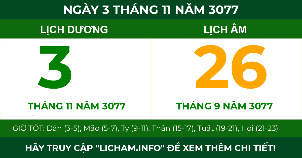 lịch âm ngày 3 tháng 11 năm 3077