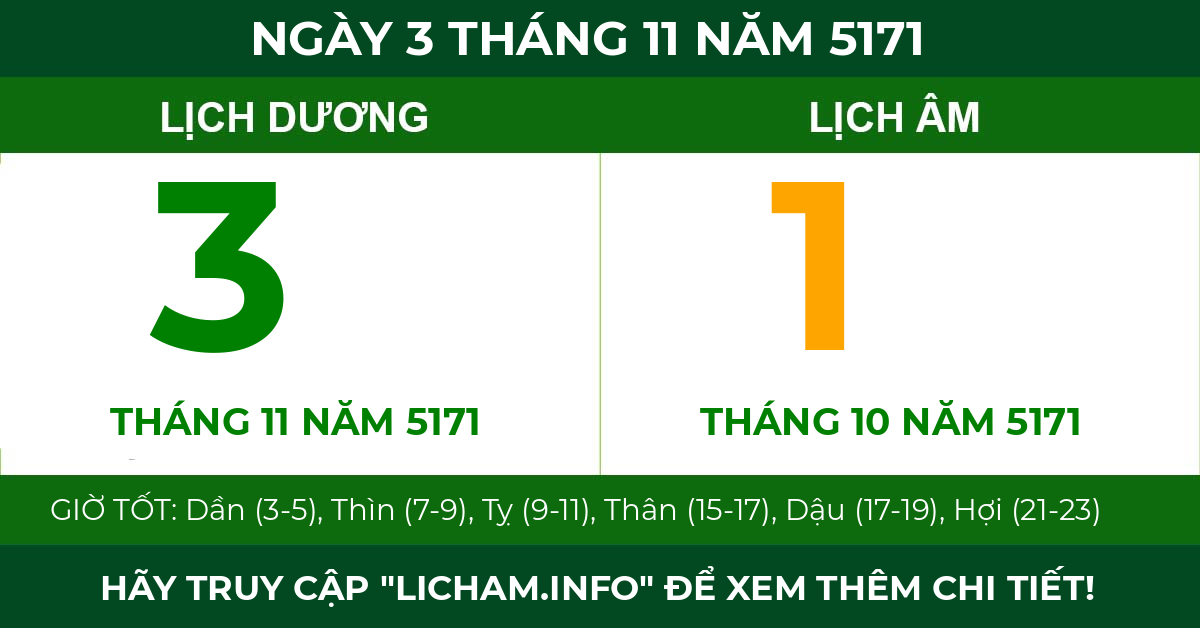 lịch âm ngày 3 tháng 11 năm 5171