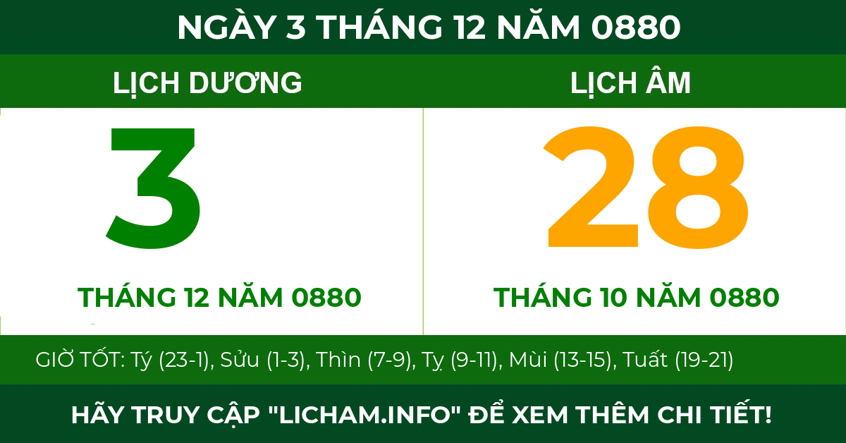 lịch âm ngày 3 tháng 12 năm 0880