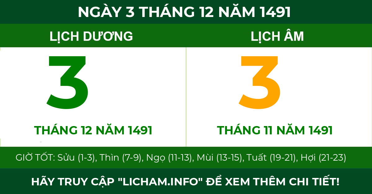 lịch âm ngày 3 tháng 12 năm 1491
