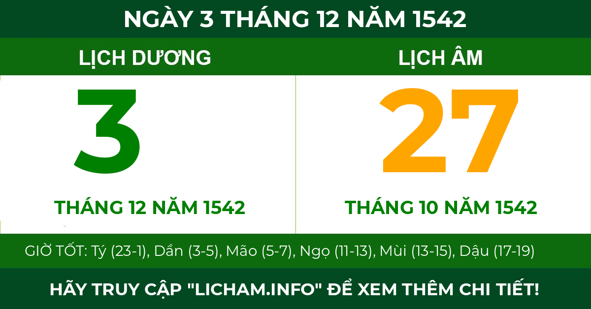 lịch âm ngày 3 tháng 12 năm 1542