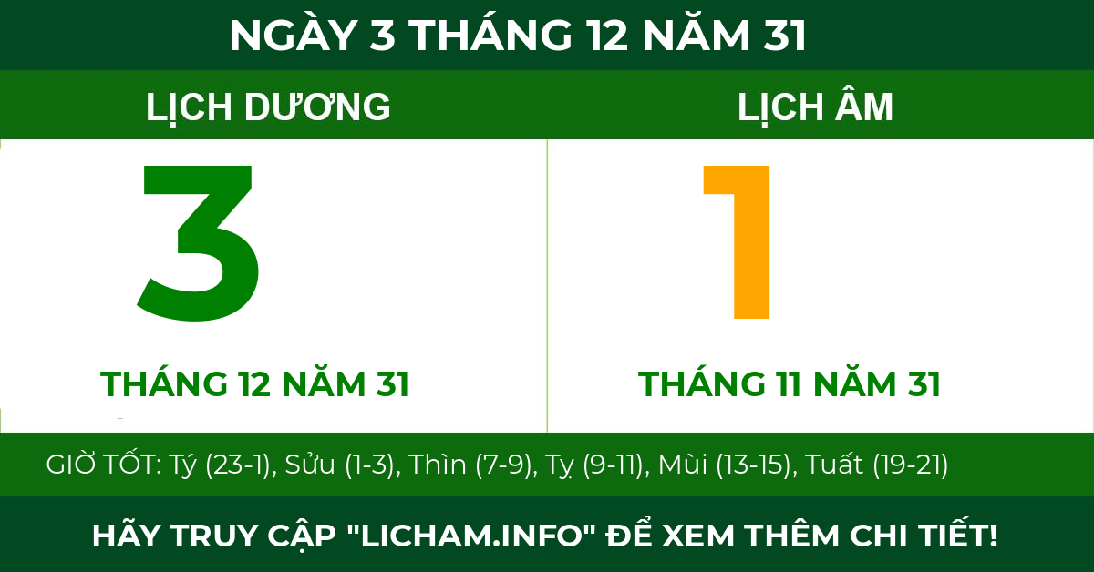 lịch âm ngày 3 tháng 12 năm 31