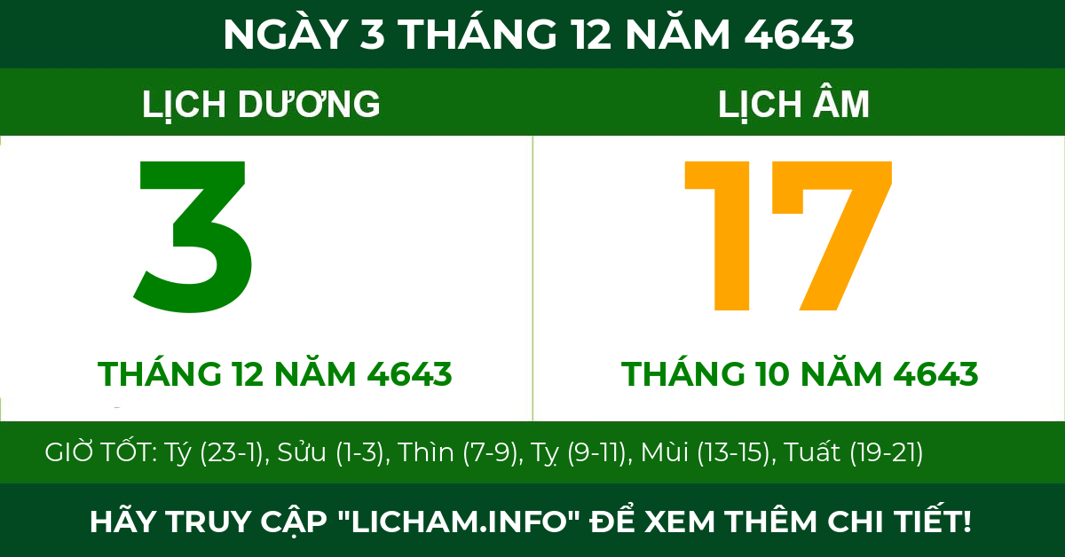 lịch âm ngày 3 tháng 12 năm 4643