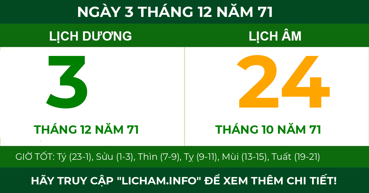 lịch âm ngày 3 tháng 12 năm 71