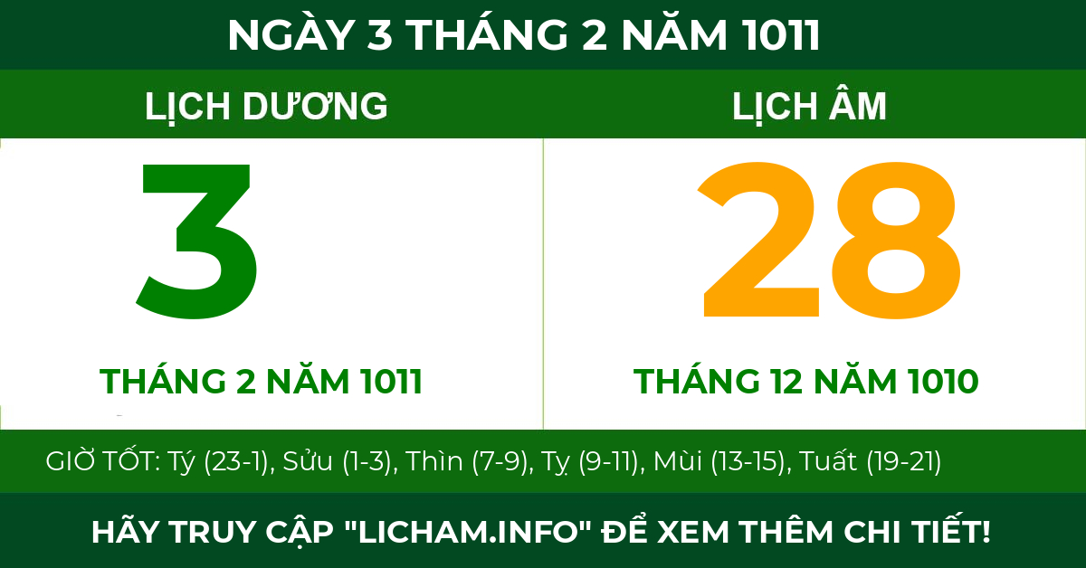 lịch âm ngày 3 tháng 2 năm 1011