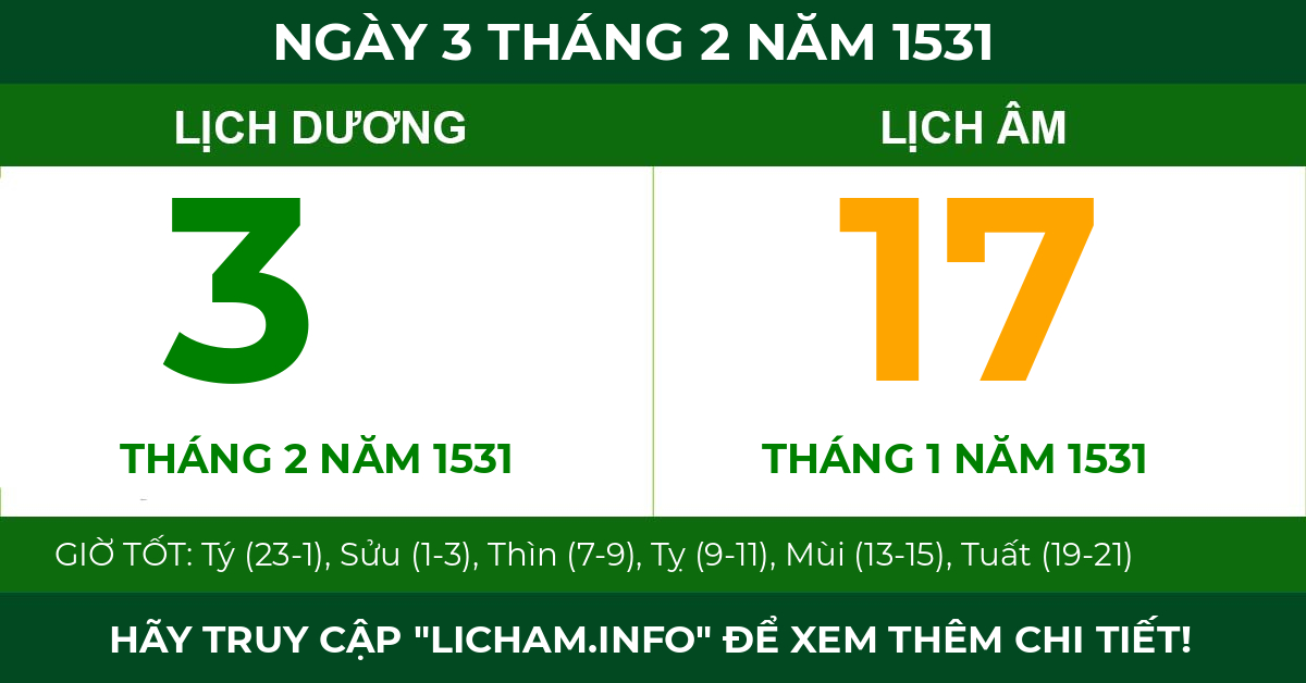 lịch âm ngày 3 tháng 2 năm 1531
