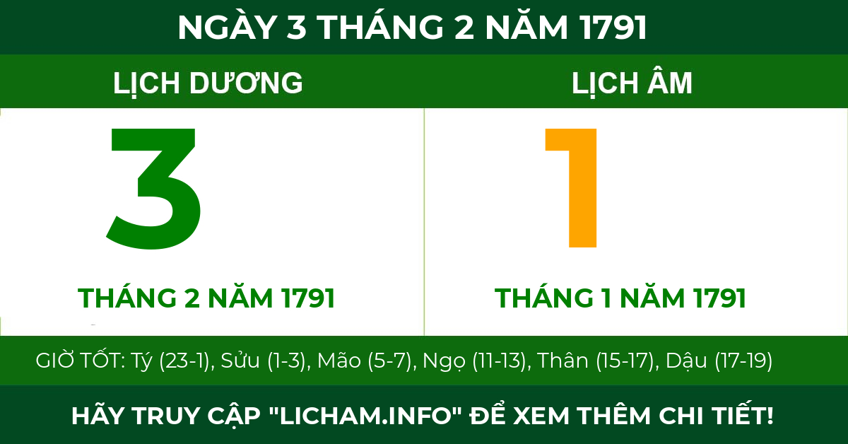 lịch âm ngày 3 tháng 2 năm 1791