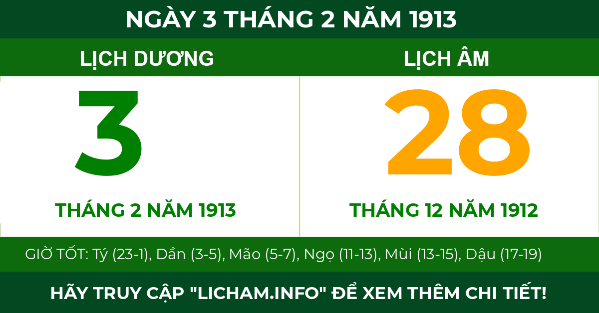 lịch âm ngày 3 tháng 2 năm 1913