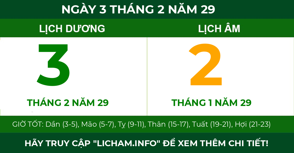 lịch âm ngày 3 tháng 2 năm 29