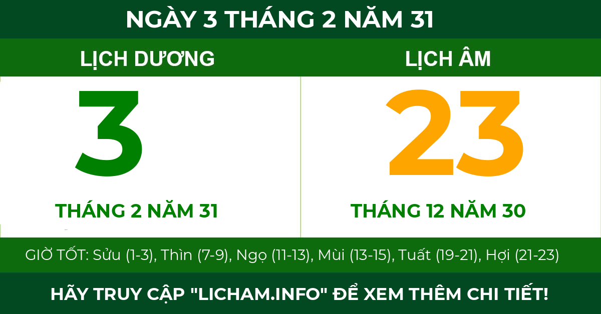 lịch âm ngày 3 tháng 2 năm 31