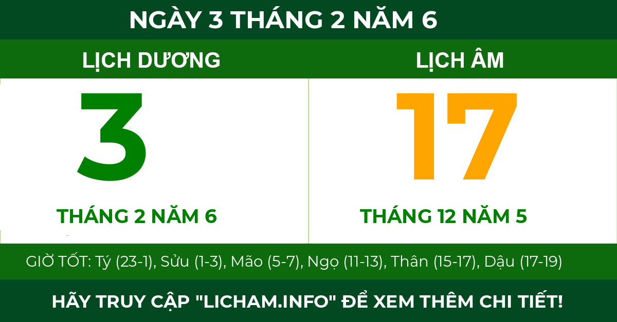 lịch âm ngày 3 tháng 2 năm 6