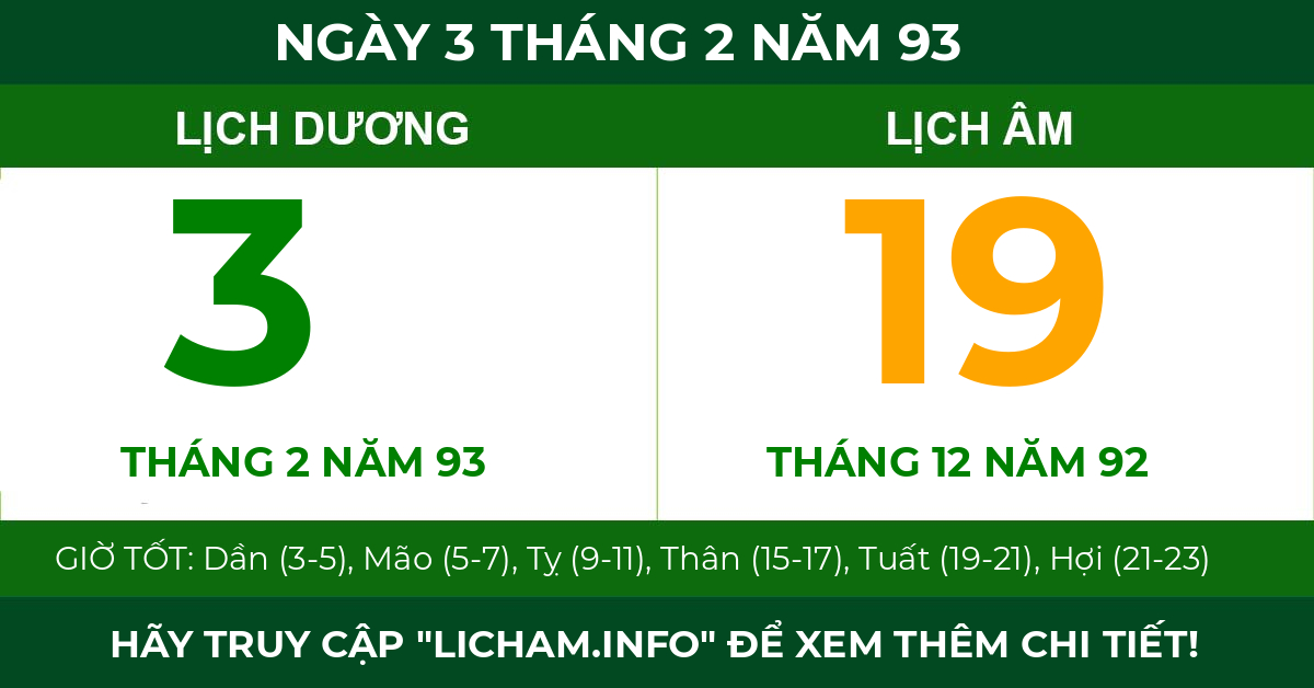 lịch âm ngày 3 tháng 2 năm 93