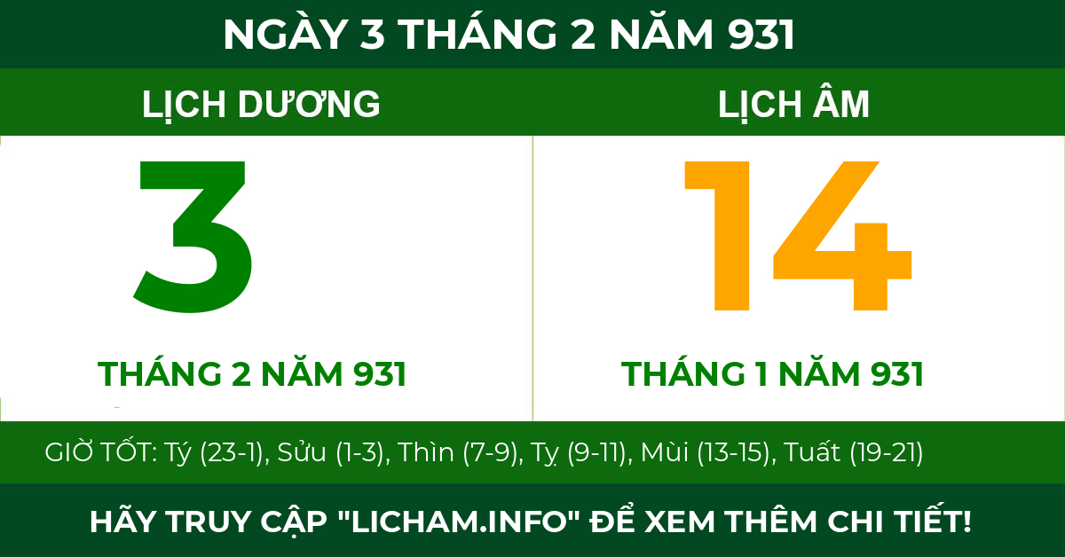 lịch âm ngày 3 tháng 2 năm 931