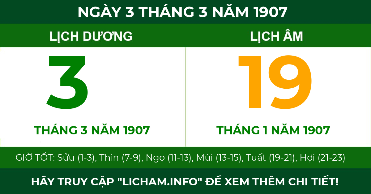 lịch âm ngày 3 tháng 3 năm 1907
