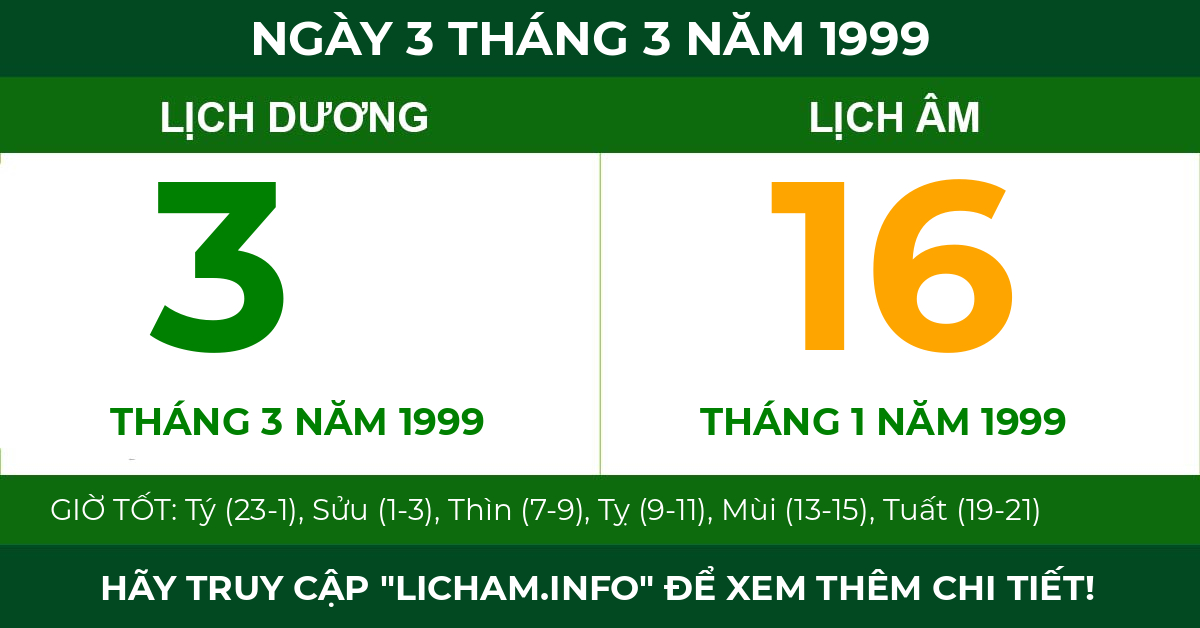 lịch âm ngày 3 tháng 3 năm 1999
